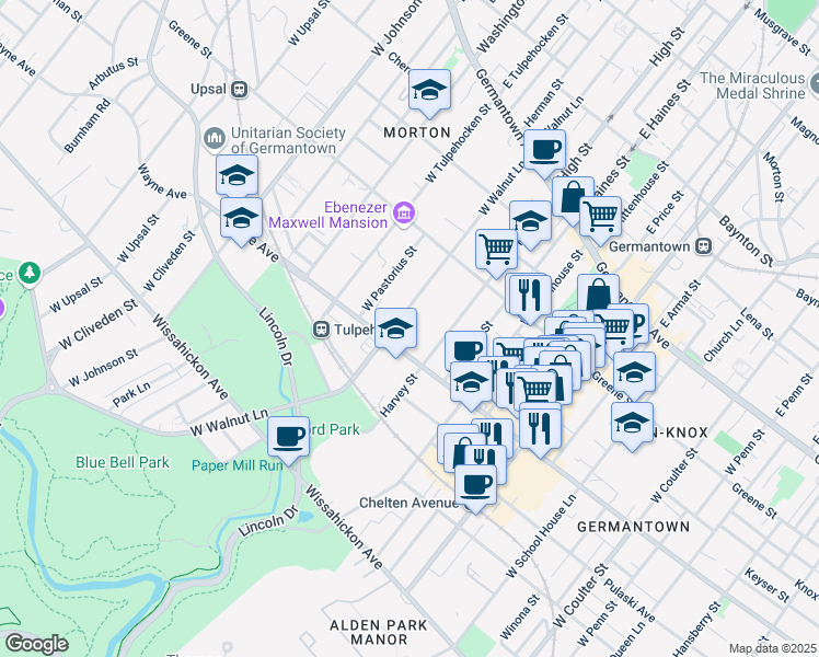 map of restaurants, bars, coffee shops, grocery stores, and more near 6015 Wayne Avenue in Philadelphia