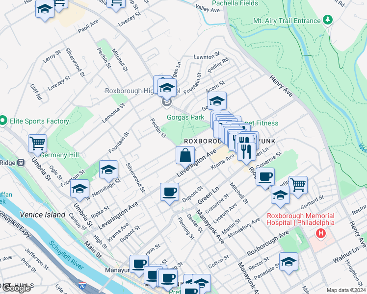map of restaurants, bars, coffee shops, grocery stores, and more near 399 Hermitage Street in Philadelphia