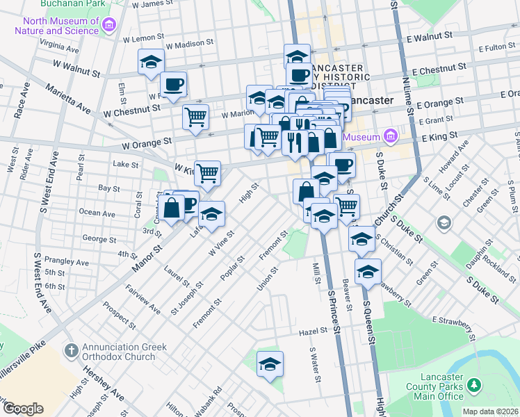 map of restaurants, bars, coffee shops, grocery stores, and more near 434 West Vine Street in Lancaster