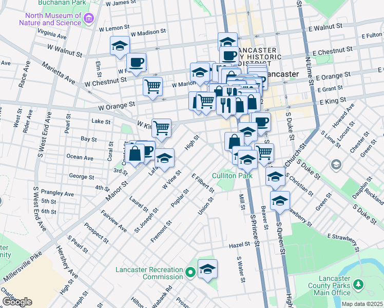 map of restaurants, bars, coffee shops, grocery stores, and more near 434 West Vine Street in Lancaster
