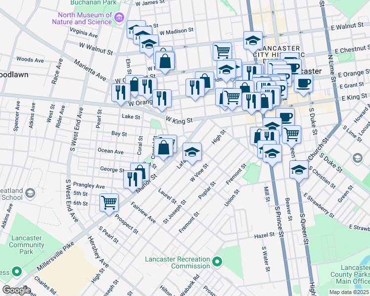 map of restaurants, bars, coffee shops, grocery stores, and more near 519 Lafayette Street in Lancaster