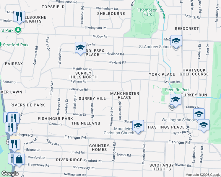 map of restaurants, bars, coffee shops, grocery stores, and more near 2264 Johnston Road in Columbus