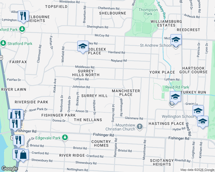 map of restaurants, bars, coffee shops, grocery stores, and more near 2264 Johnston Road in Columbus