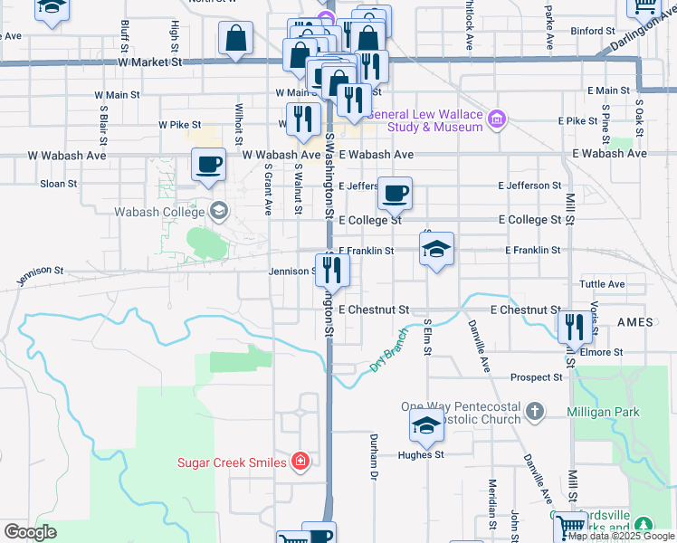 map of restaurants, bars, coffee shops, grocery stores, and more near 702 South Washington Street in Crawfordsville
