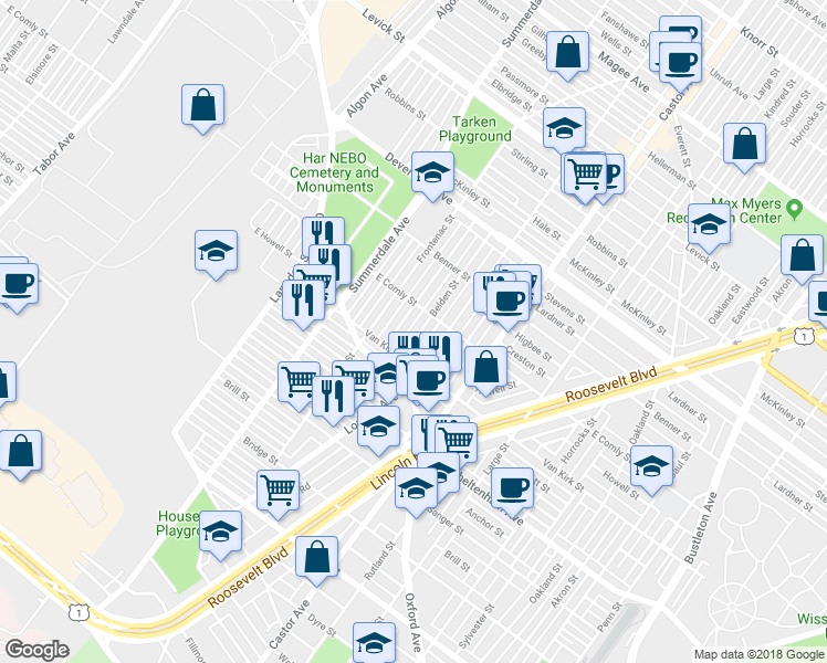 map of restaurants, bars, coffee shops, grocery stores, and more near 5930 Belden Street in Philadelphia