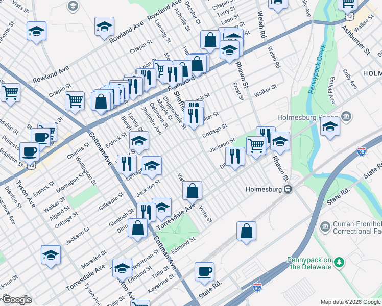 map of restaurants, bars, coffee shops, grocery stores, and more near 4501 Marple Street in Philadelphia