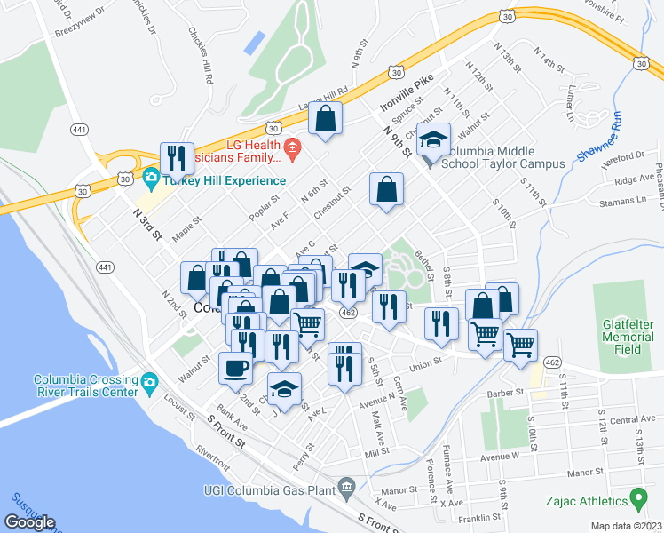 map of restaurants, bars, coffee shops, grocery stores, and more near 555 Avenue H in Columbia