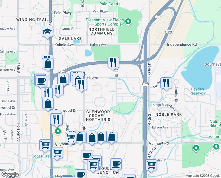 map of restaurants, bars, coffee shops, grocery stores, and more near 3300 Bridger Trail in Boulder