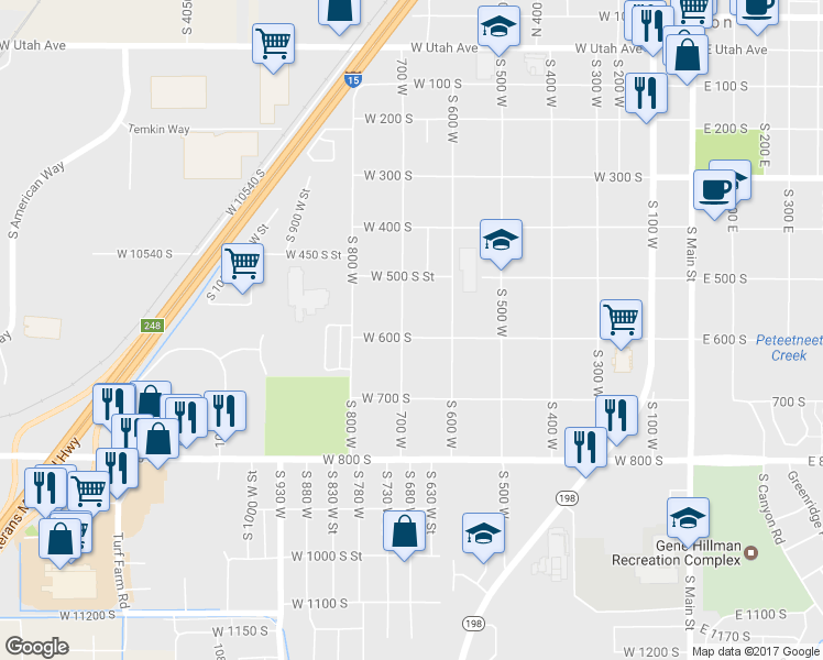 map of restaurants, bars, coffee shops, grocery stores, and more near 593 South 700 West in Payson