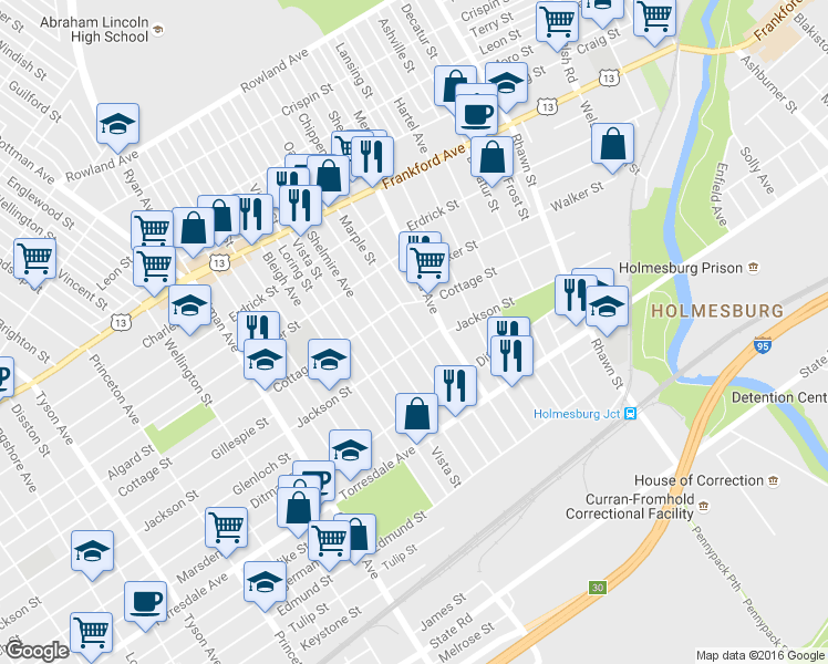 map of restaurants, bars, coffee shops, grocery stores, and more near 4434 Marple Street in Philadelphia