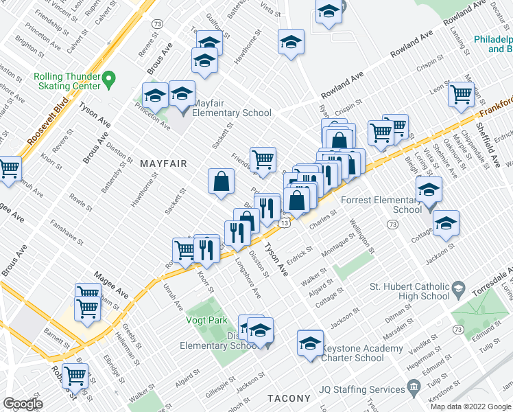 map of restaurants, bars, coffee shops, grocery stores, and more near 3405 Brighton Street in Philadelphia