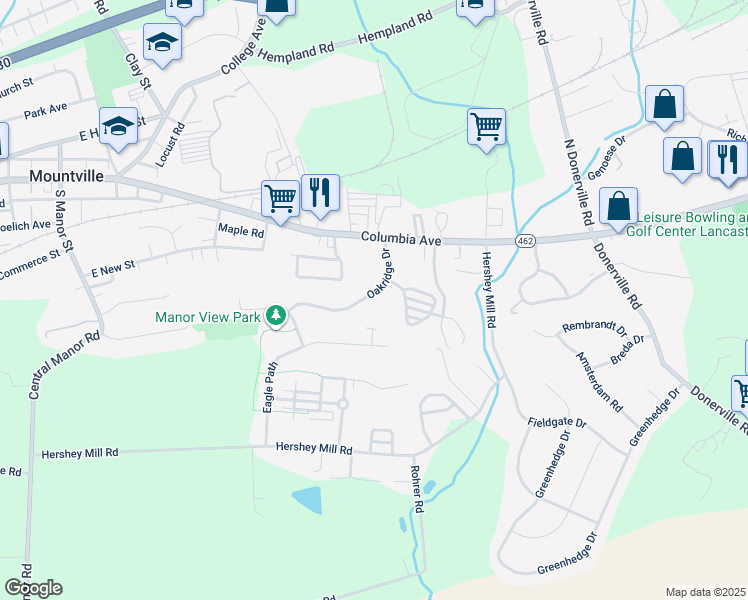 map of restaurants, bars, coffee shops, grocery stores, and more near 216 Oakridge Drive in Mountville