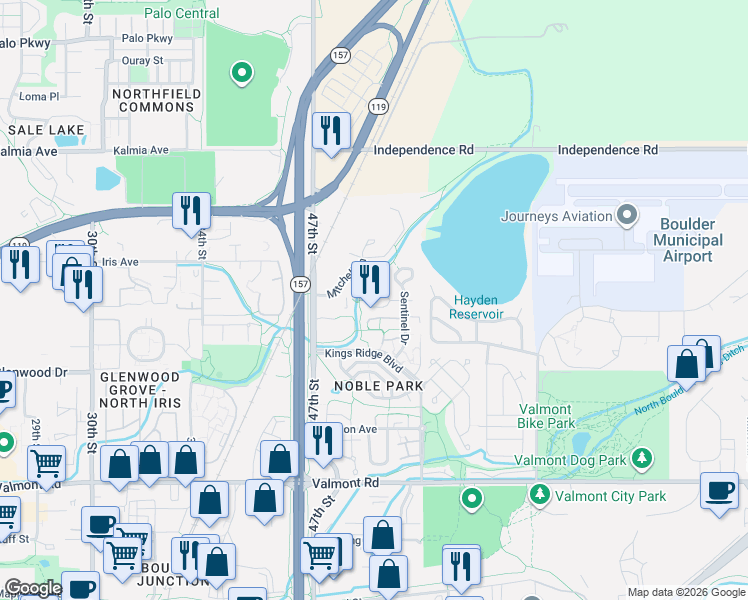 map of restaurants, bars, coffee shops, grocery stores, and more near 4803 Hopkins Place in Boulder