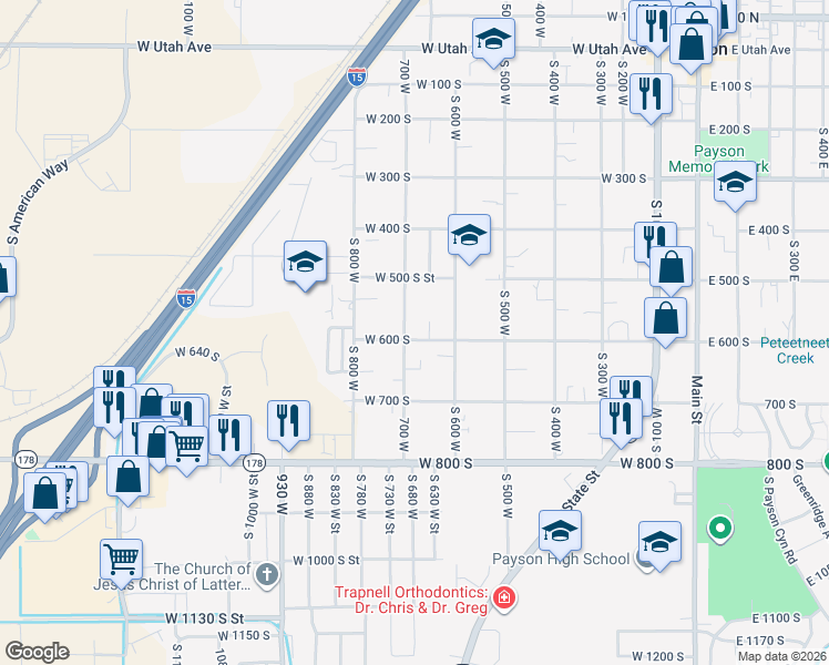 map of restaurants, bars, coffee shops, grocery stores, and more near 712 West 600 South in Payson
