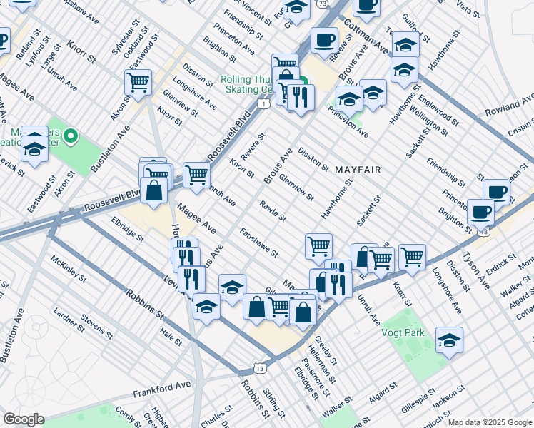 map of restaurants, bars, coffee shops, grocery stores, and more near 2930 Rawle Street in Philadelphia