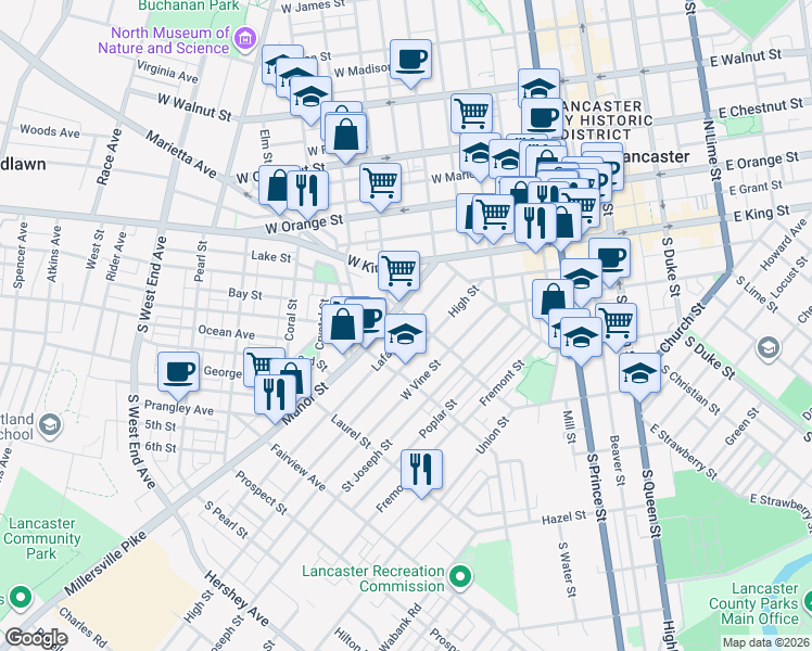 map of restaurants, bars, coffee shops, grocery stores, and more near 519 Lafayette Street in Lancaster