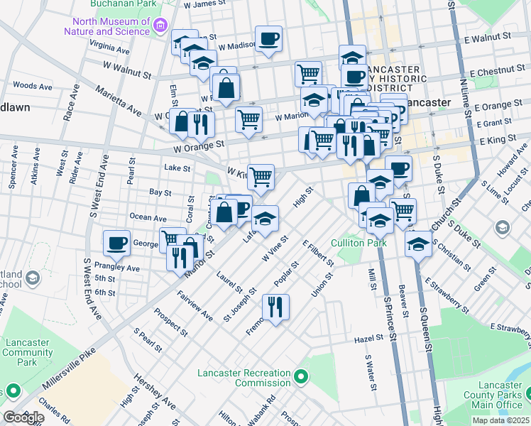 map of restaurants, bars, coffee shops, grocery stores, and more near 509 Lafayette Street in Lancaster