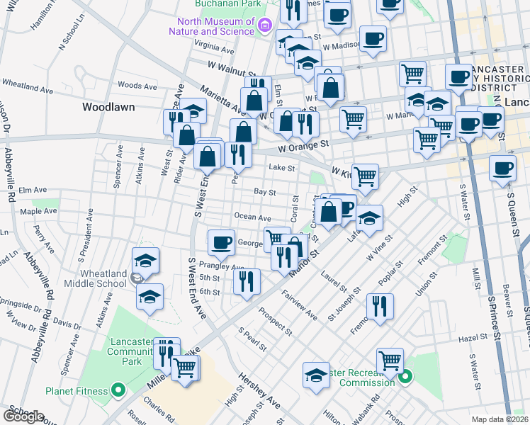 map of restaurants, bars, coffee shops, grocery stores, and more near 644 2nd Street in Lancaster