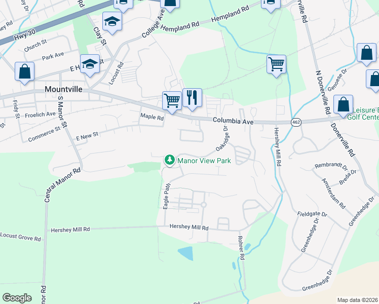 map of restaurants, bars, coffee shops, grocery stores, and more near 332 Oakridge Drive in Mountville