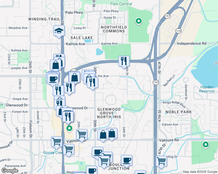 map of restaurants, bars, coffee shops, grocery stores, and more near 3335 Chisholm Trail in Boulder