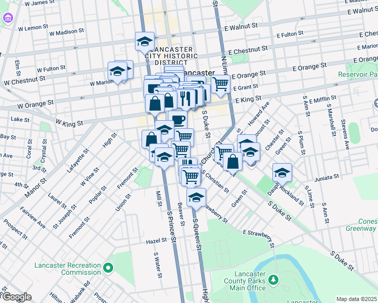 map of restaurants, bars, coffee shops, grocery stores, and more near 141 South Queen Street in Lancaster