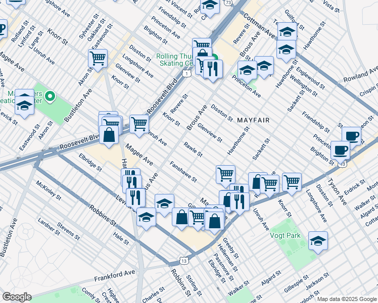 map of restaurants, bars, coffee shops, grocery stores, and more near 2930 Rawle Street in Philadelphia