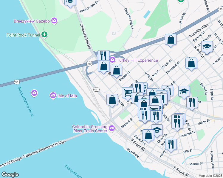 map of restaurants, bars, coffee shops, grocery stores, and more near 351 North 2nd Street in Columbia