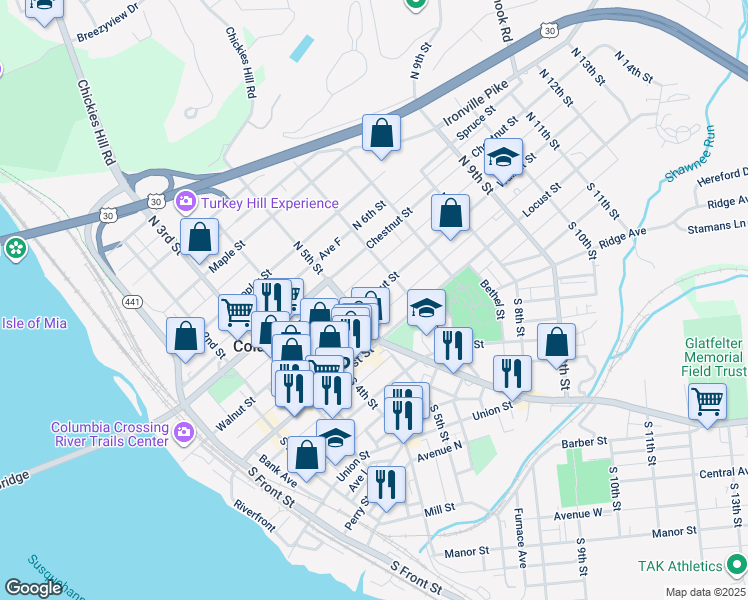 map of restaurants, bars, coffee shops, grocery stores, and more near 530 Walnut Street in Columbia