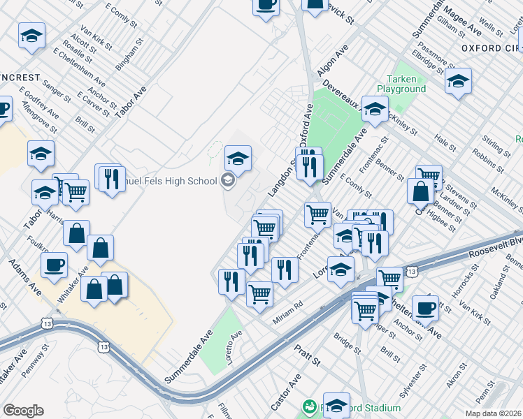 map of restaurants, bars, coffee shops, grocery stores, and more near 834 Anchor Street in Philadelphia