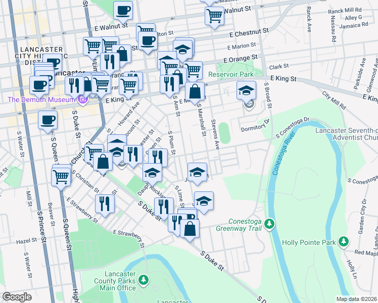map of restaurants, bars, coffee shops, grocery stores, and more near 248 South Ann Street in Lancaster