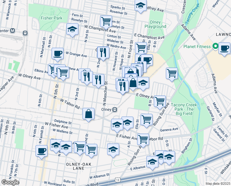 map of restaurants, bars, coffee shops, grocery stores, and more near 124 West Olney Avenue in Philadelphia