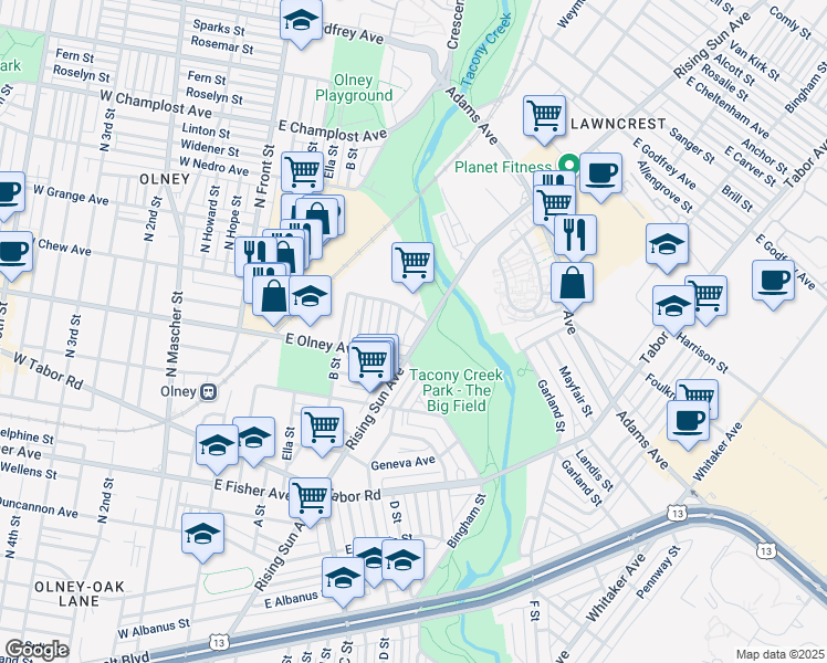 map of restaurants, bars, coffee shops, grocery stores, and more near 5630 Rising Sun Avenue in Philadelphia