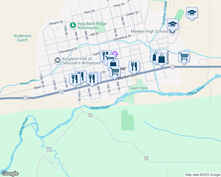 map of restaurants, bars, coffee shops, grocery stores, and more near 683 Water Street in Meeker