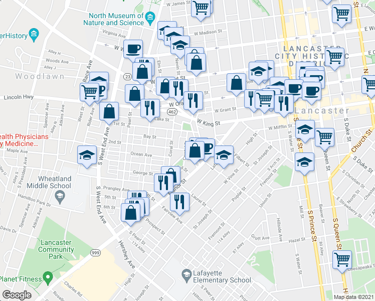 map of restaurants, bars, coffee shops, grocery stores, and more near 47 Caroline Street in Lancaster