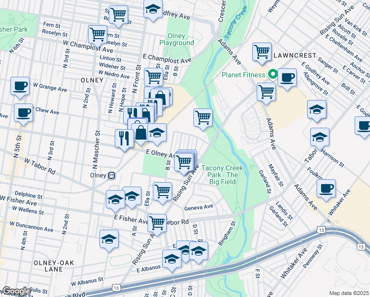 map of restaurants, bars, coffee shops, grocery stores, and more near 5622 Rising Sun Avenue in Philadelphia