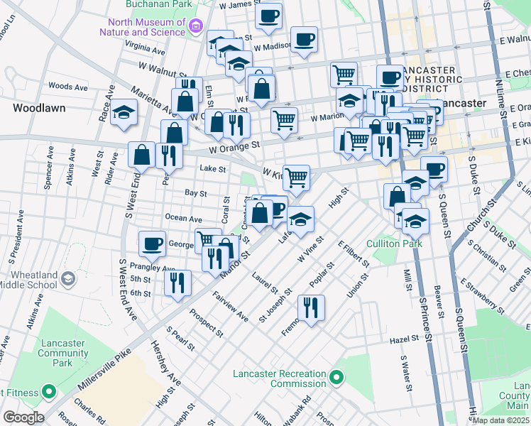 map of restaurants, bars, coffee shops, grocery stores, and more near 132 Old Dorwart Street in Lancaster