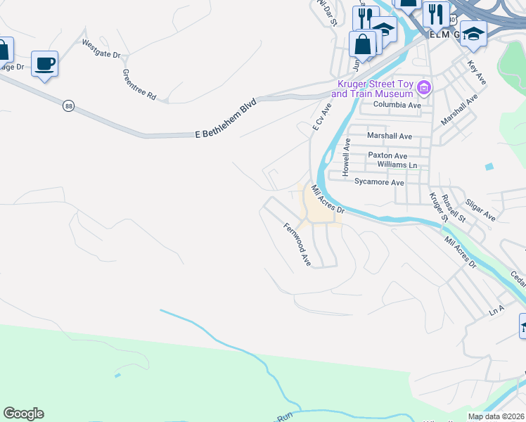 map of restaurants, bars, coffee shops, grocery stores, and more near 73 Gaewood Avenue in Wheeling