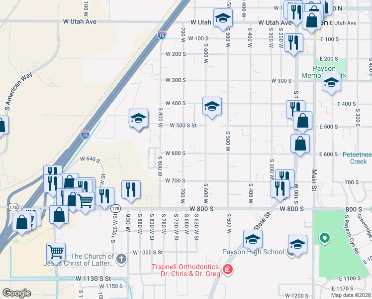 map of restaurants, bars, coffee shops, grocery stores, and more near 593 South 700 West in Payson