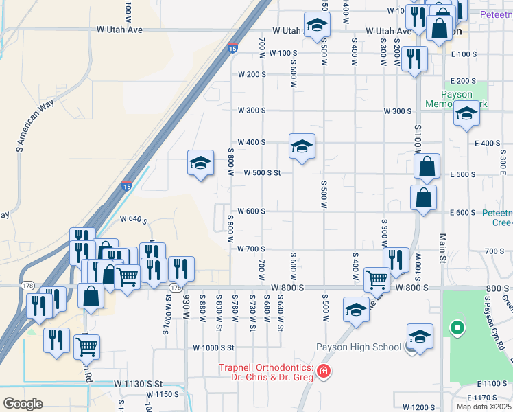 map of restaurants, bars, coffee shops, grocery stores, and more near 712 West 600 South in Payson
