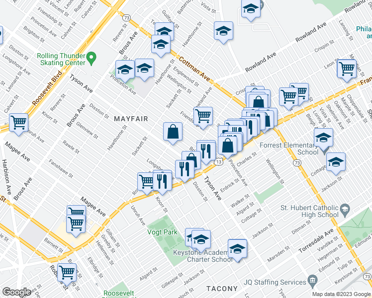 map of restaurants, bars, coffee shops, grocery stores, and more near 3342 Brighton Street in Philadelphia