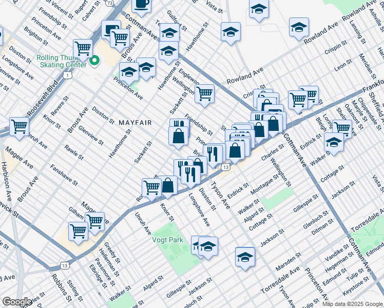 map of restaurants, bars, coffee shops, grocery stores, and more near 3342 Brighton Street in Philadelphia