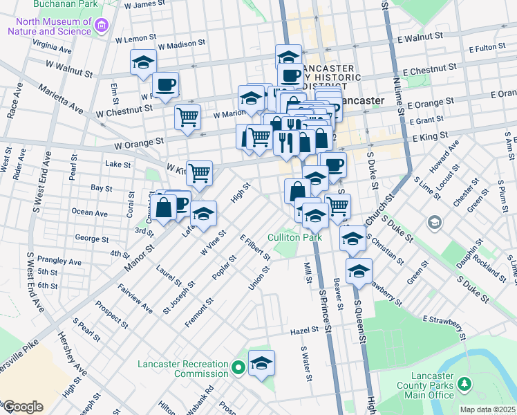 map of restaurants, bars, coffee shops, grocery stores, and more near 421 Saint Joseph Street in Lancaster