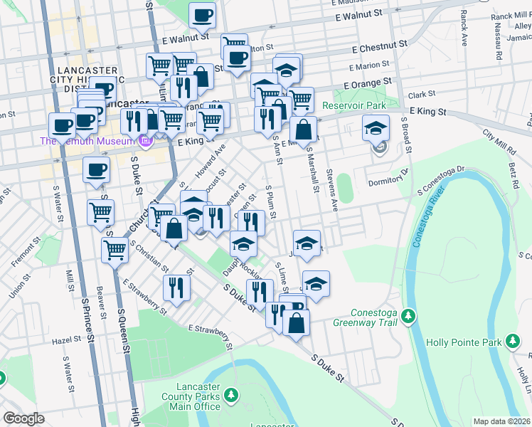 map of restaurants, bars, coffee shops, grocery stores, and more near 558 Pershing Avenue in Lancaster