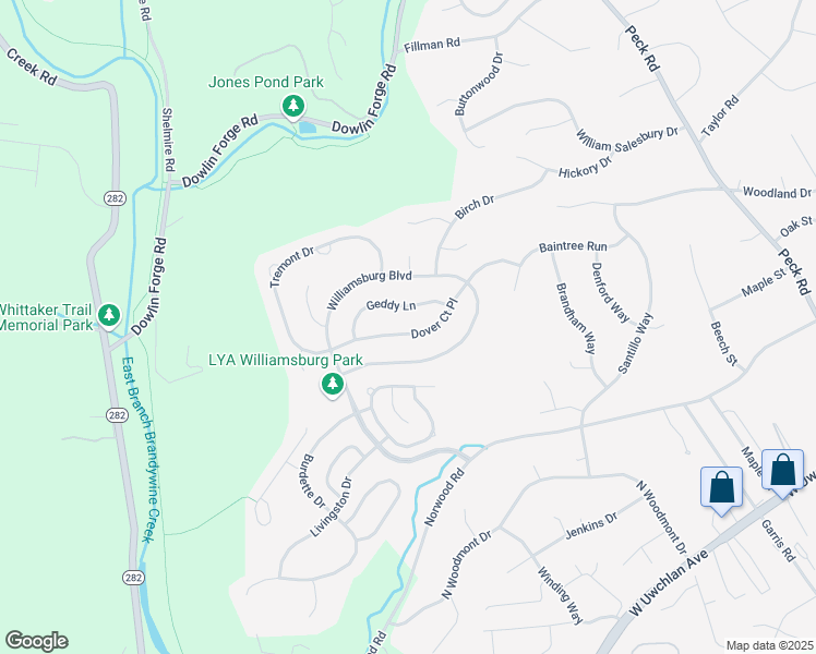 map of restaurants, bars, coffee shops, grocery stores, and more near 825 Dover Court Place in Downingtown