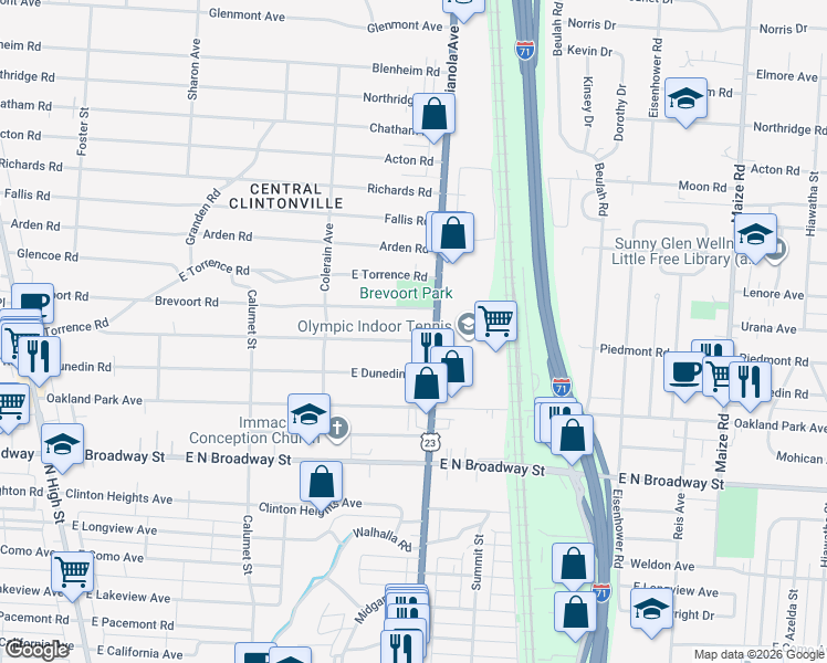 map of restaurants, bars, coffee shops, grocery stores, and more near 562 Piedmont Road in Columbus