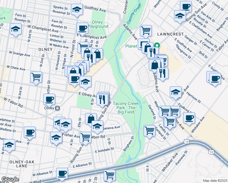 map of restaurants, bars, coffee shops, grocery stores, and more near 5630 Rising Sun Avenue in Philadelphia