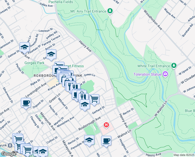 map of restaurants, bars, coffee shops, grocery stores, and more near 634 Green Lane in Philadelphia