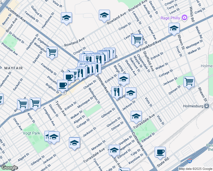 map of restaurants, bars, coffee shops, grocery stores, and more near 4213 Cottman Avenue in Philadelphia