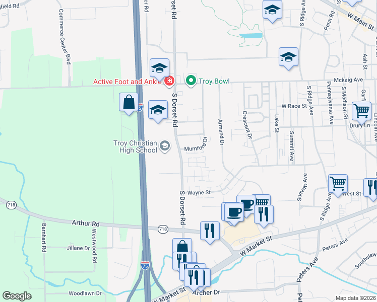 map of restaurants, bars, coffee shops, grocery stores, and more near 675 Mumford Drive in Troy