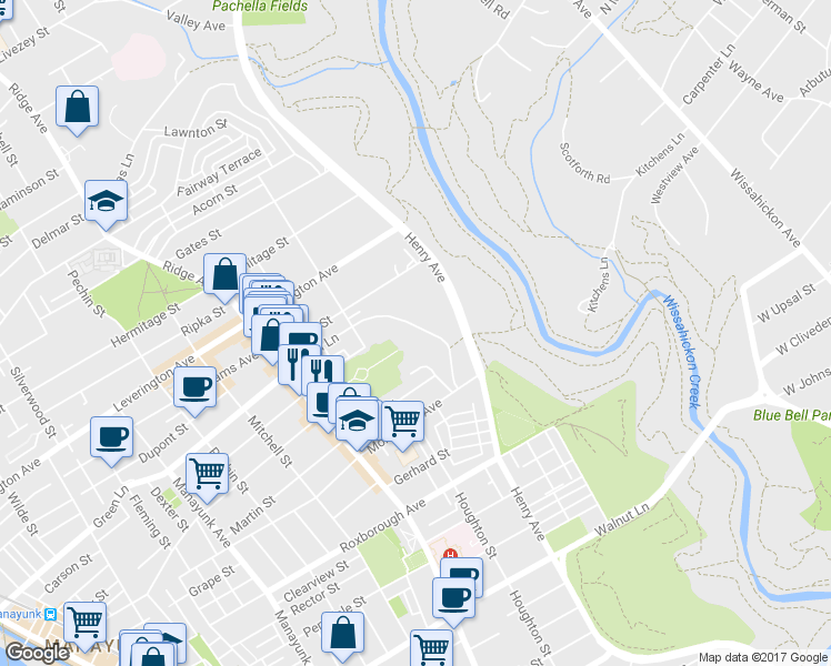 map of restaurants, bars, coffee shops, grocery stores, and more near 634 Green Lane in Philadelphia